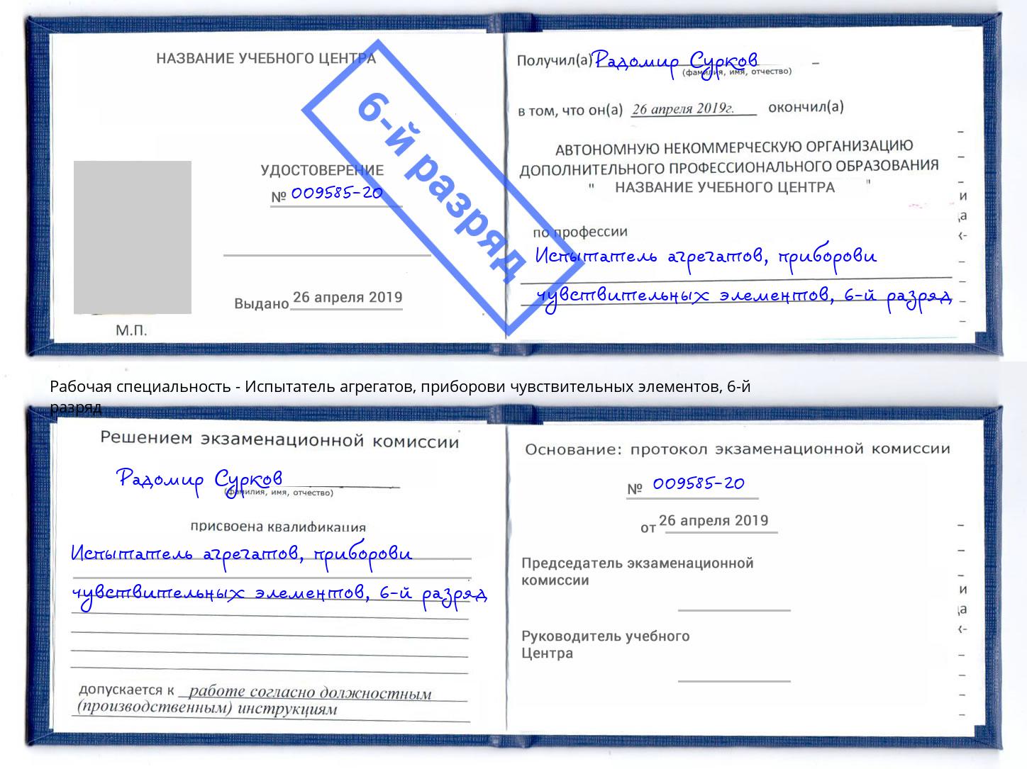 корочка 6-й разряд Испытатель агрегатов, приборови чувствительных элементов Липецк