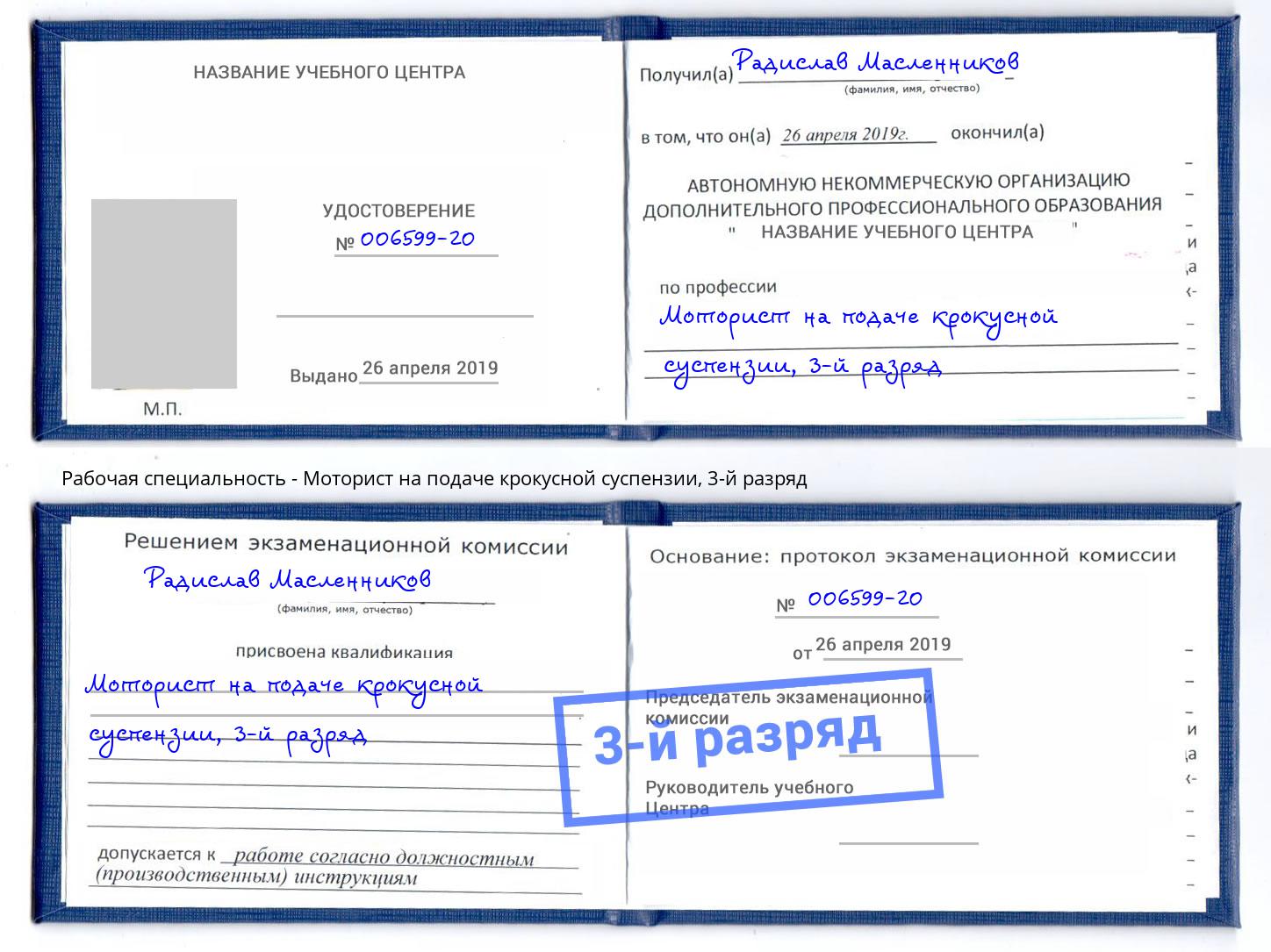 корочка 3-й разряд Моторист на подаче крокусной суспензии Липецк