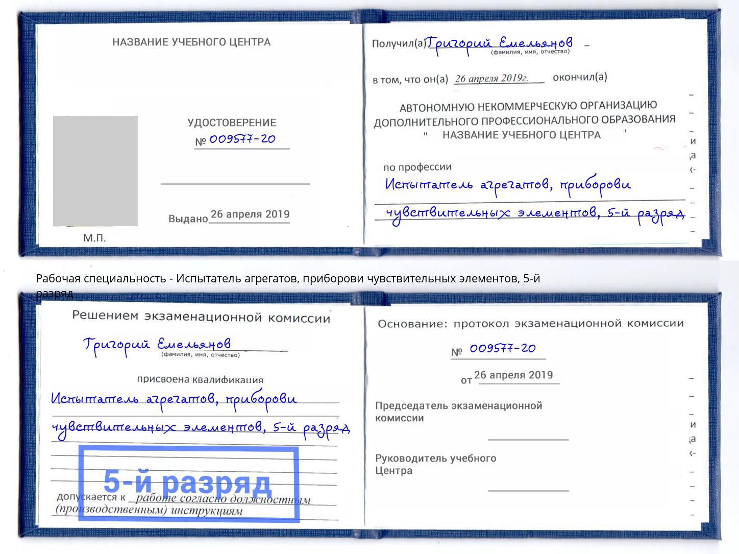 корочка 5-й разряд Испытатель агрегатов, приборови чувствительных элементов Липецк