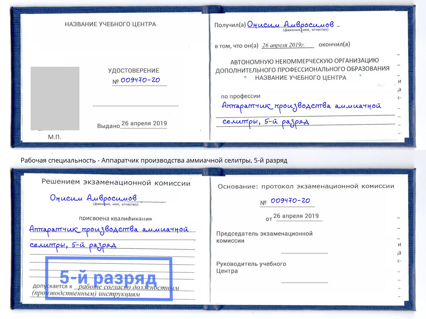 корочка 5-й разряд Аппаратчик производства аммиачной селитры Липецк