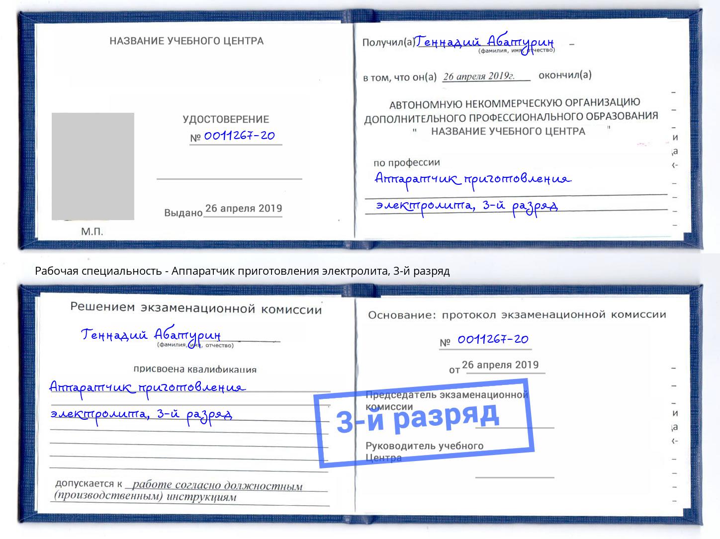 корочка 3-й разряд Аппаратчик приготовления электролита Липецк