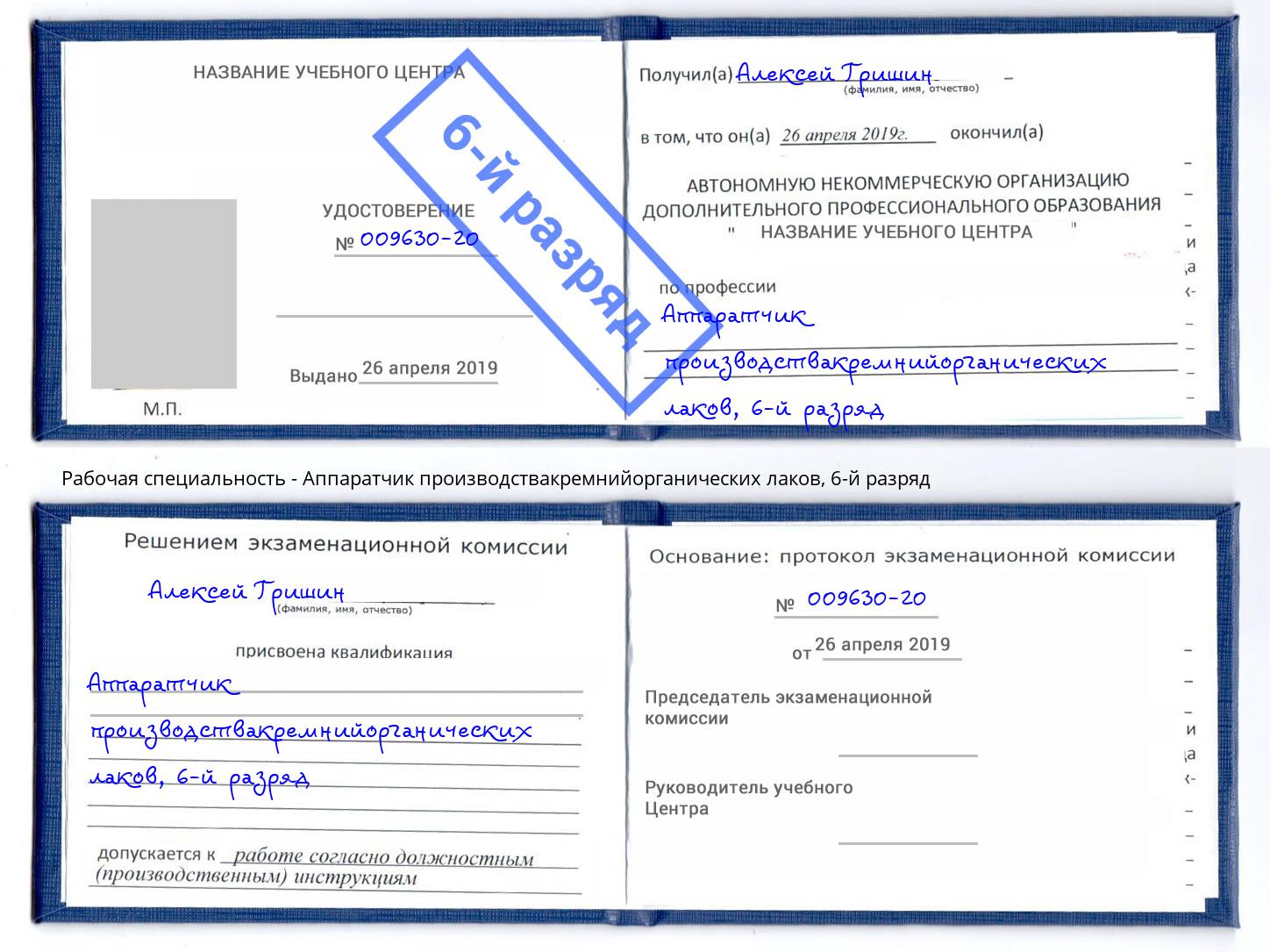 корочка 6-й разряд Аппаратчик производствакремнийорганических лаков Липецк