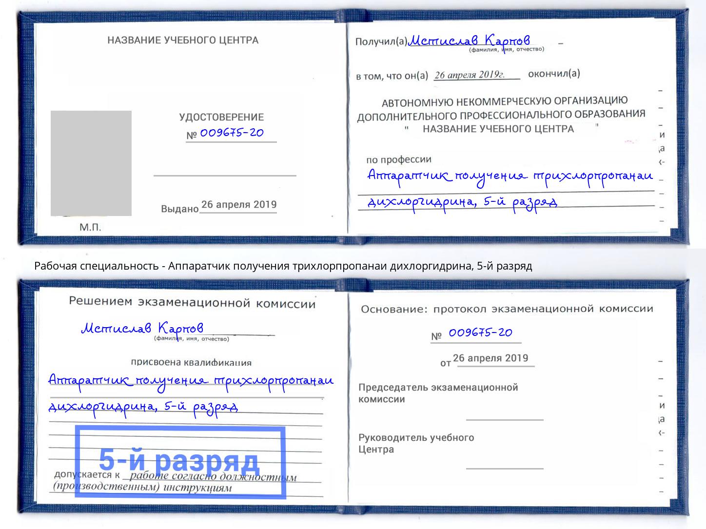 корочка 5-й разряд Аппаратчик получения трихлорпропанаи дихлоргидрина Липецк