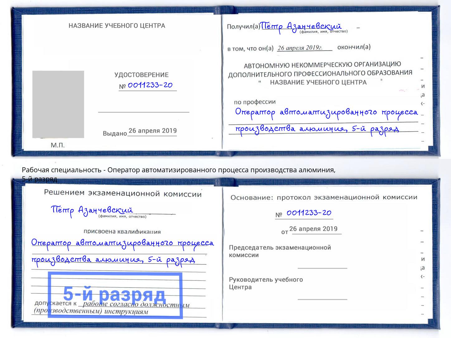 корочка 5-й разряд Оператор автоматизированного процесса производства алюминия Липецк