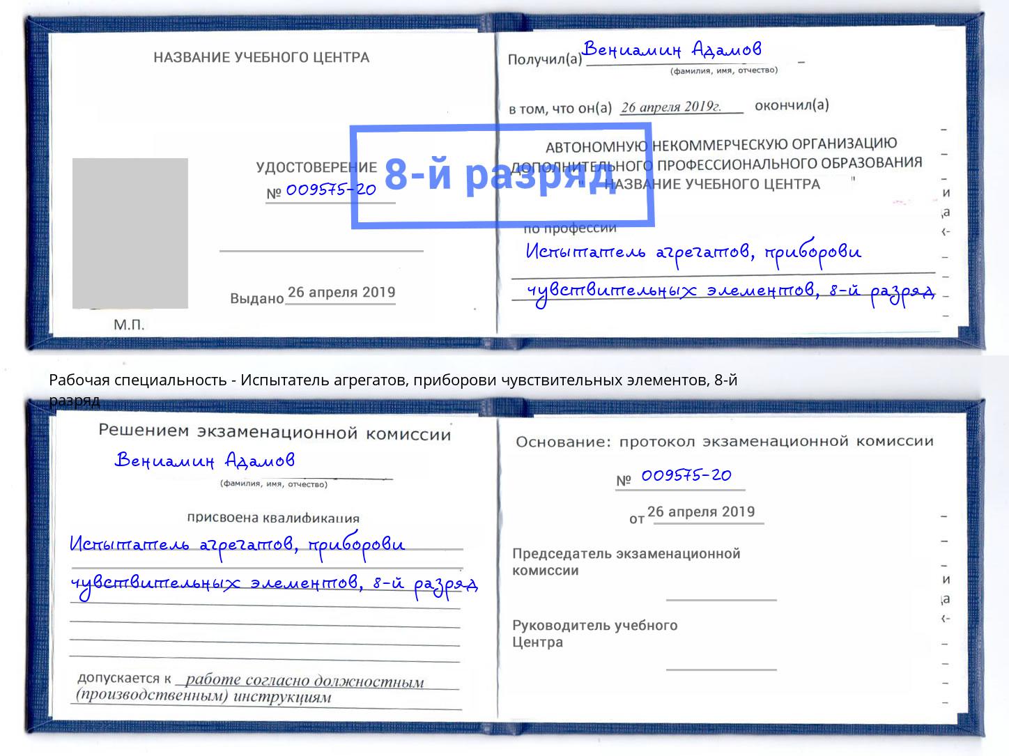 корочка 8-й разряд Испытатель агрегатов, приборови чувствительных элементов Липецк